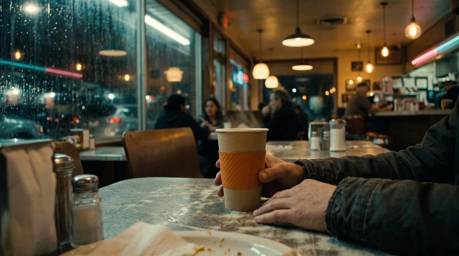 A diner scene with a character holding a coffee cup in a distinctive orange sleeve