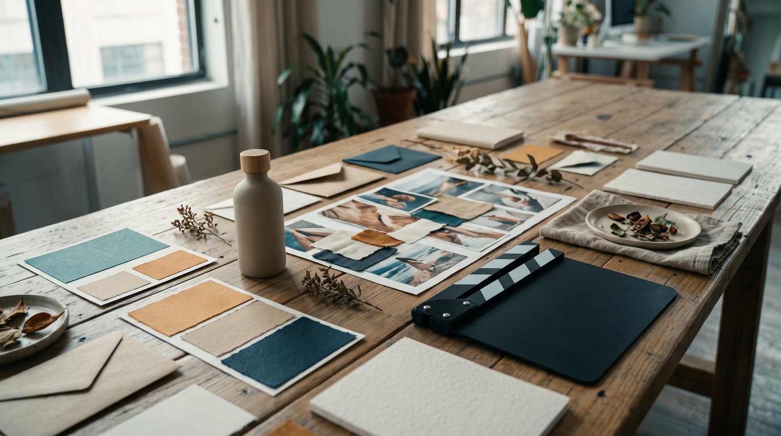 A brand kit with color swatches, mood board photos and a product bottle beside a clapperboard