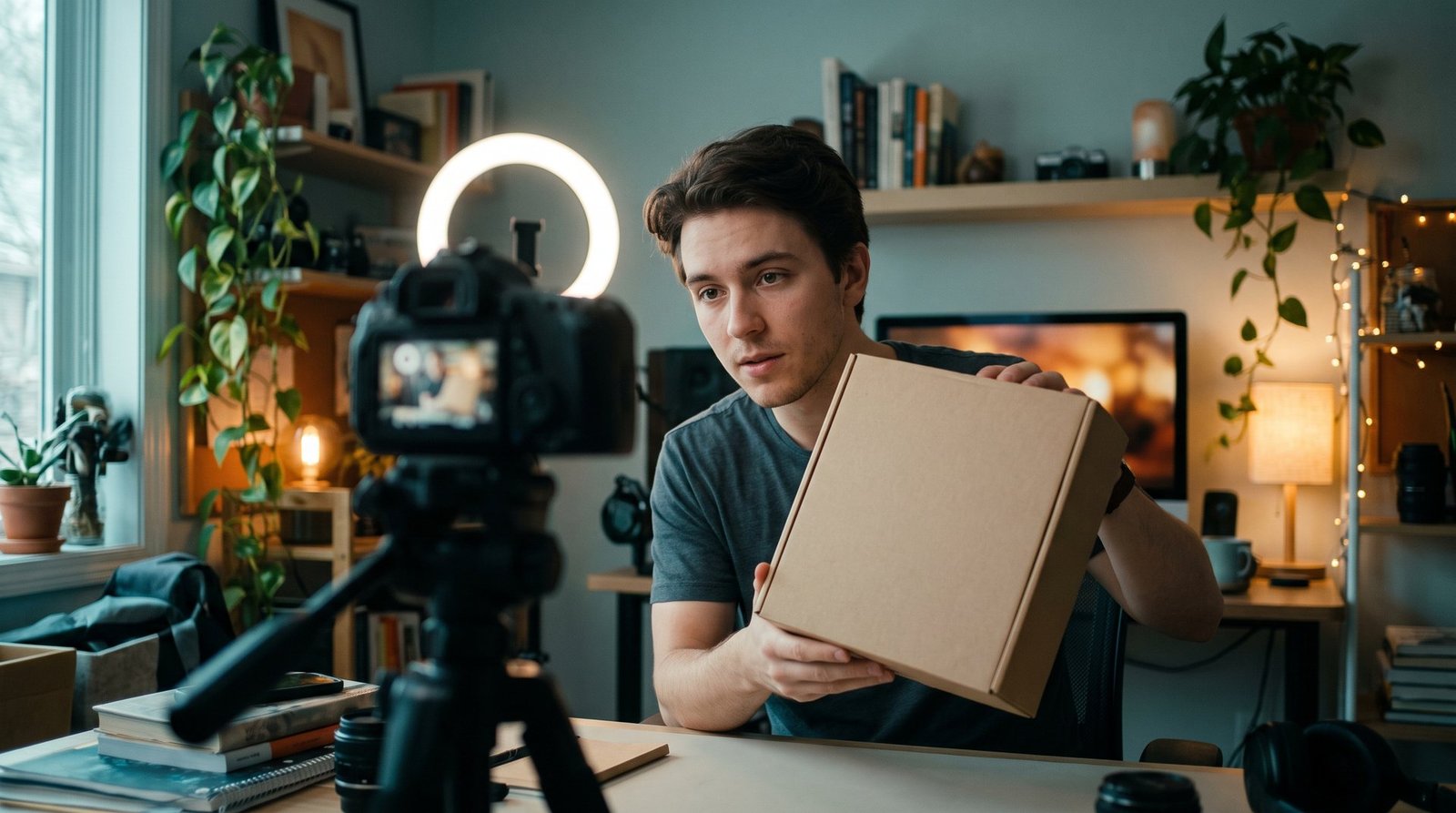 A creator in a home studio presenting a pair of headphones to camera under a ring light
